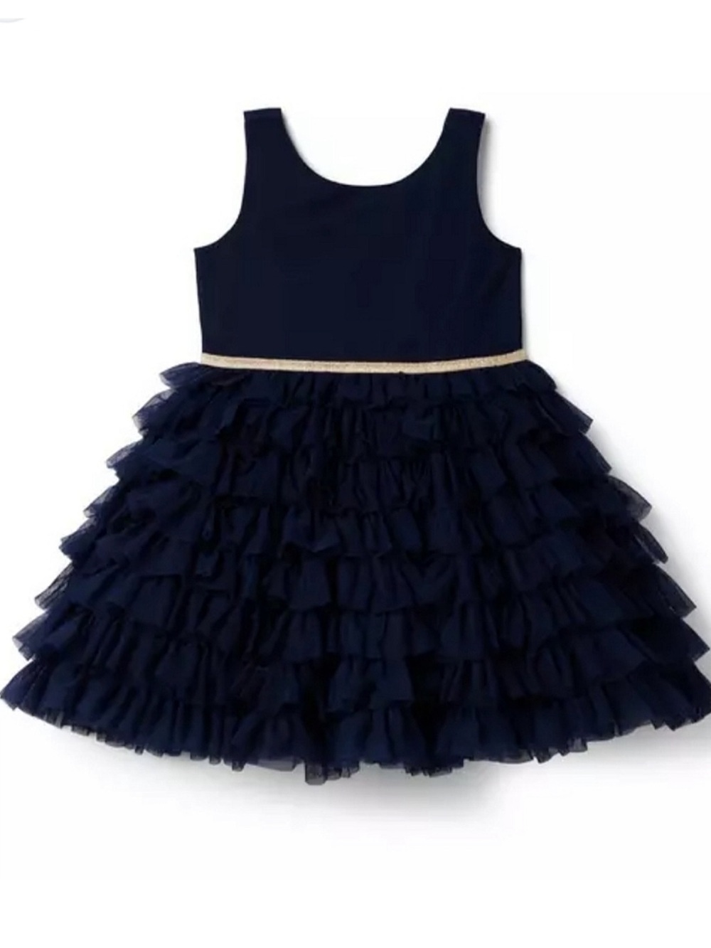 Janie and Jack Navy Ruffle Tulle Party Dress with Gold Waist Trim - Picture 4 of 5